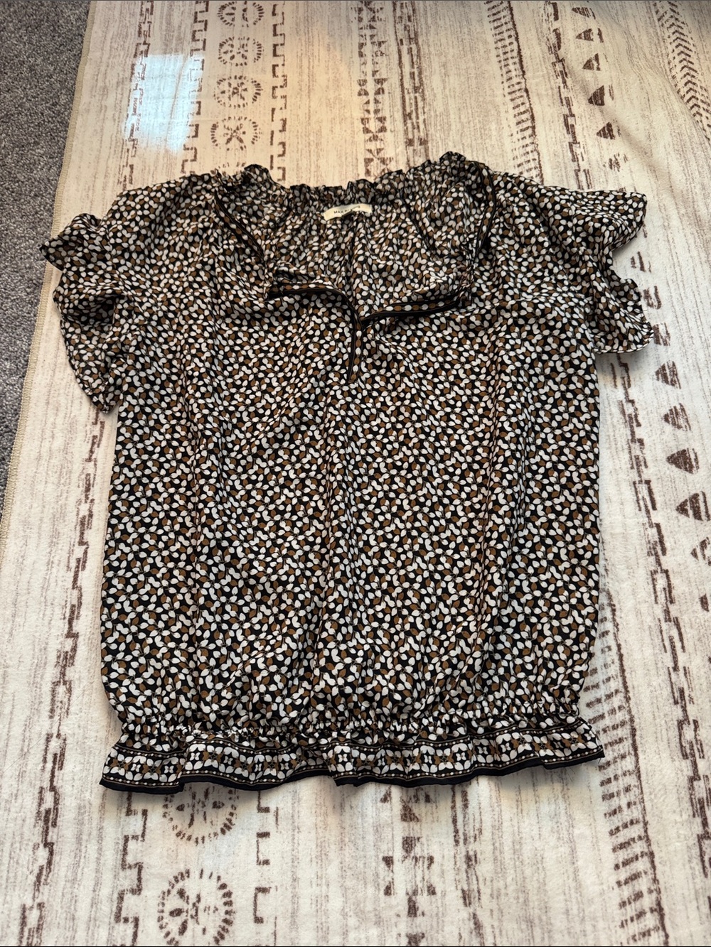 Max Studio Black, Brown & Cream Printed Ruffled Short Sleeve Blouse